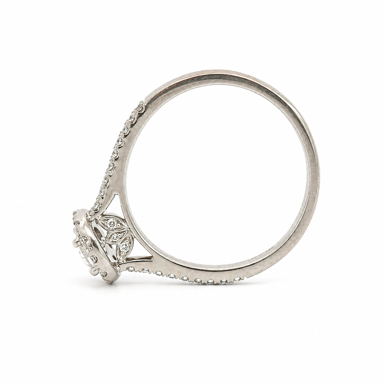14K White Gold Lab-Grown Oval Diamond Halo Ring with Leaf Detail