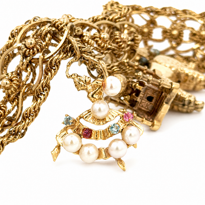 Vintage 14K Yellow Gold Story Charm Bracelet with Nine Gemstone & Pearl Charms