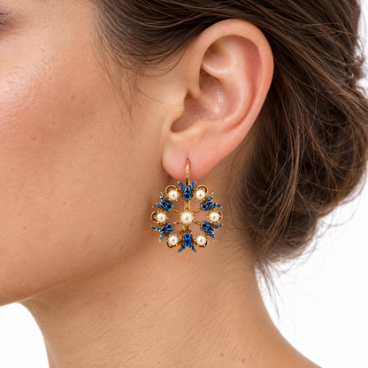 Antique 14K Yellow Gold Blue Enamel Tulip & Pearl Earrings