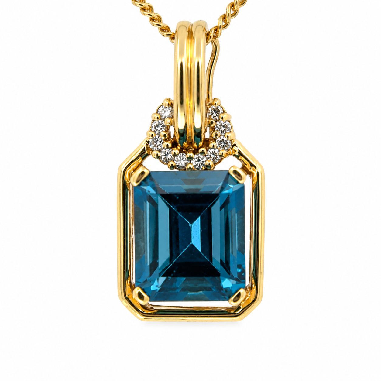 14K Yellow Gold Emerald Cut Blue Topaz & Diamond Enhancer Pendant