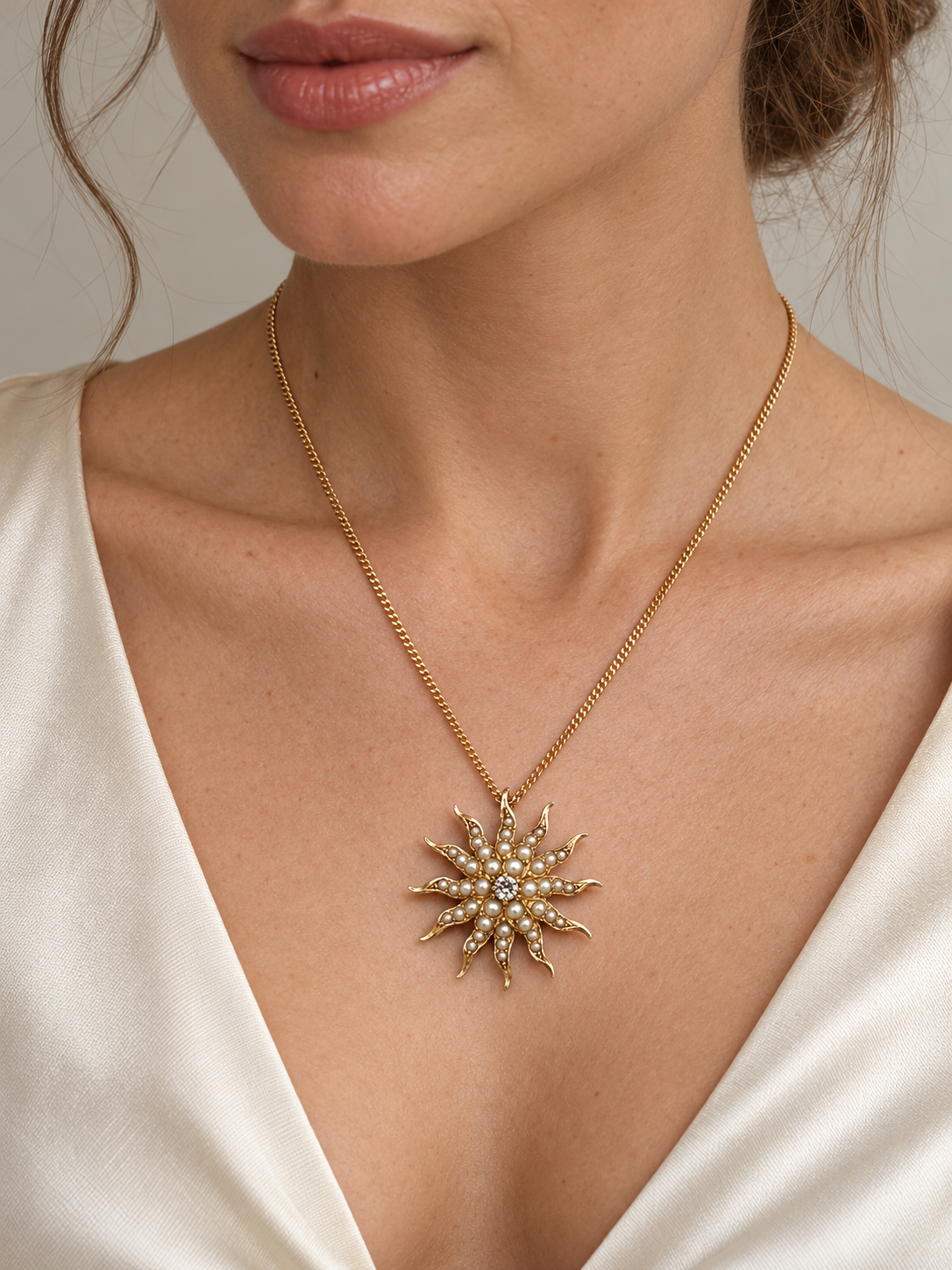 Antique Victorian 14K Yellow Gold Seed Pearl & Diamond Sunburst Convertible Pendant/Brooch