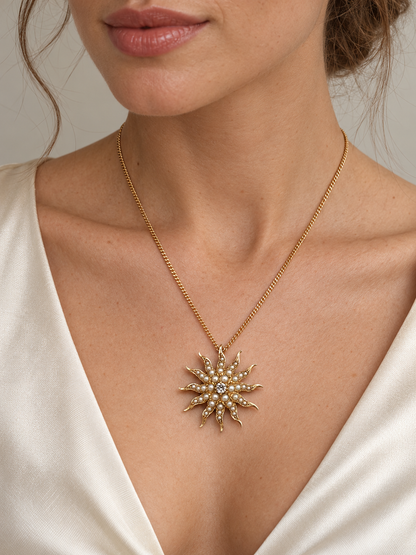 Antique Victorian 14K Yellow Gold Seed Pearl & Diamond Sunburst Convertible Pendant/Brooch