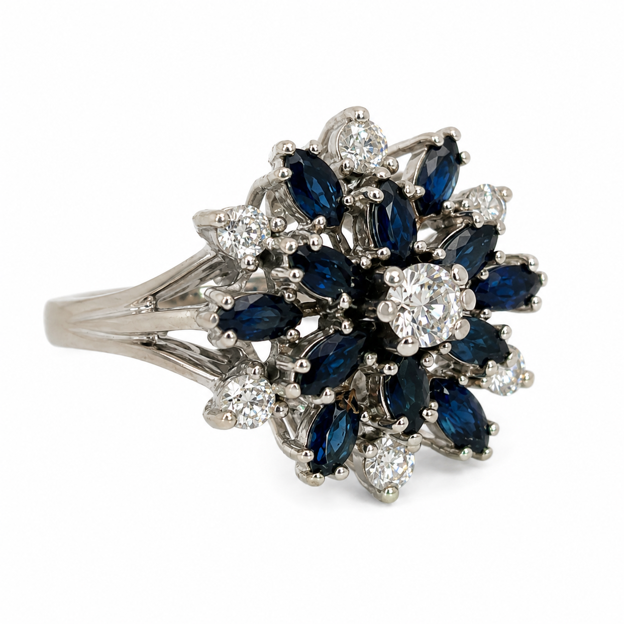 14K White Gold Sapphire Starburst Diamond Ring Vintage Estate