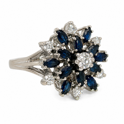 14K White Gold Sapphire Starburst Diamond Ring Vintage Estate