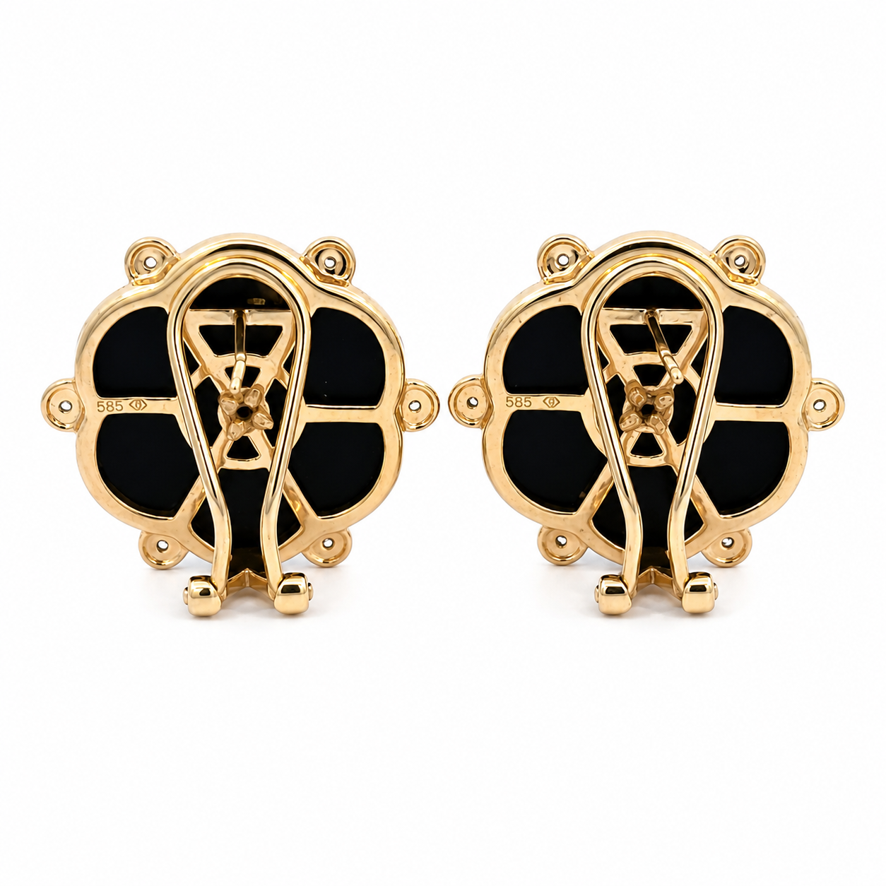 Vintage 14K Yellow Gold Onyx & Diamond Flower Earrings