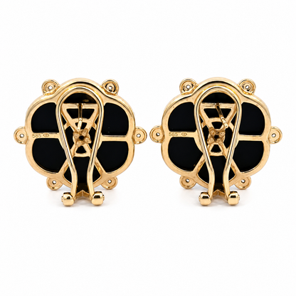 Vintage 14K Yellow Gold Onyx & Diamond Flower Earrings