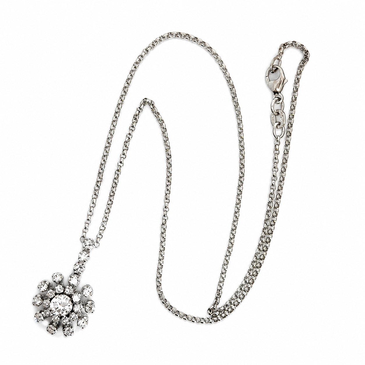 Italian 18K White Gold Diamond Floral Starburst Necklace