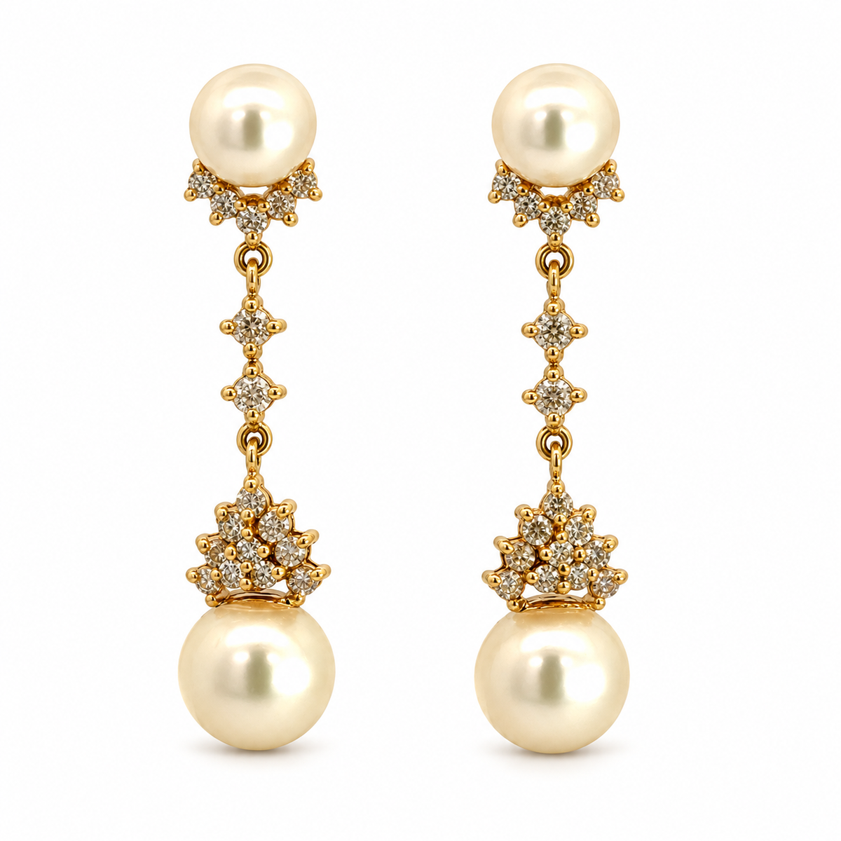 14K Gold Diamond Cluster & Pearl Drop Earrings