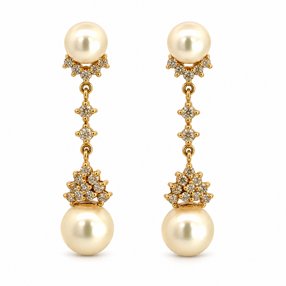 14K Gold Diamond Cluster & Pearl Drop Earrings