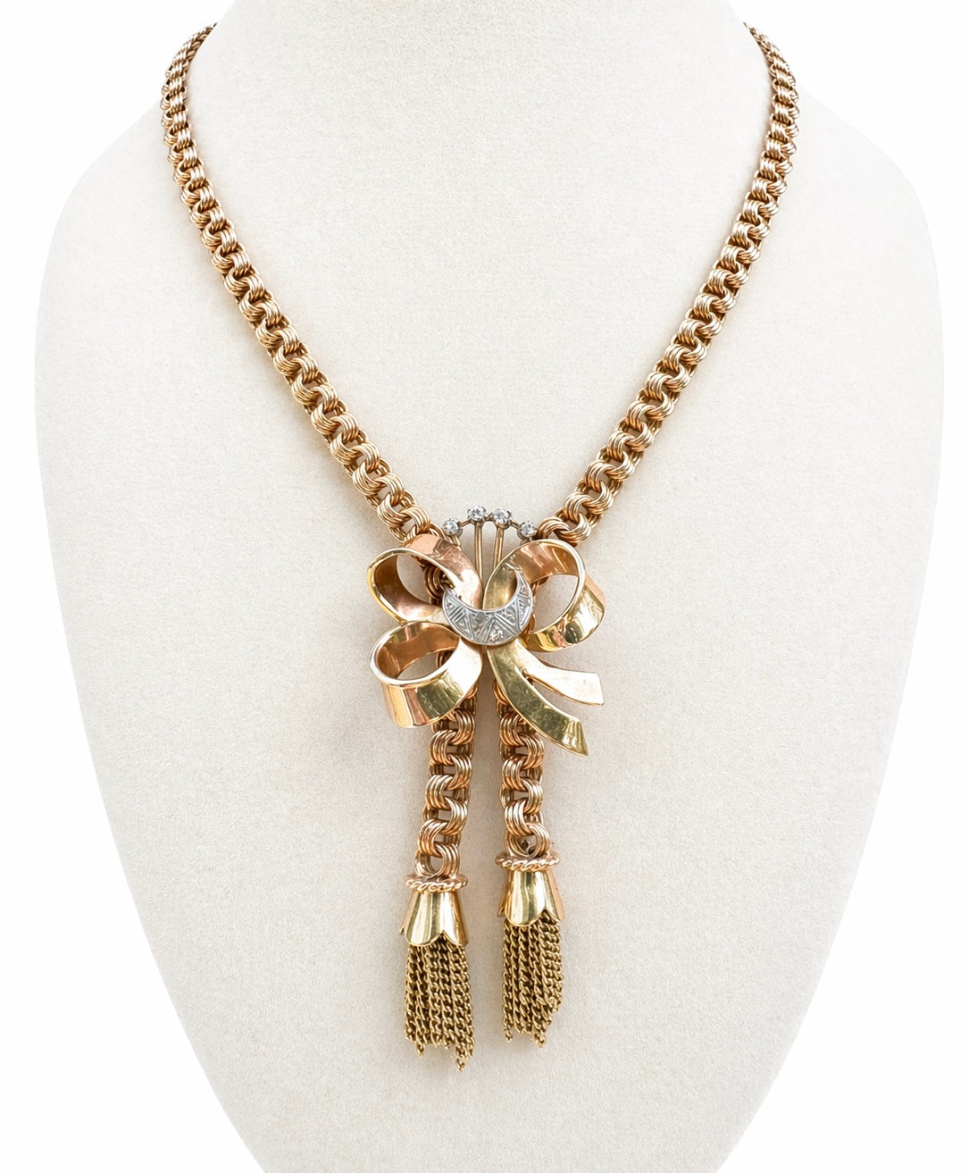 Retro 18K Rose Gold Bow & Tassel Necklace with Diamond Crescent Moon