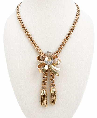 Retro 18K Rose Gold Bow & Tassel Necklace with Diamond Crescent Moon