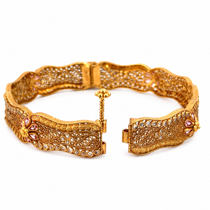 Vintage 22K Yellow Gold Filigree Bangle with Pink Swarovski Crystals & Cubic Zirconia