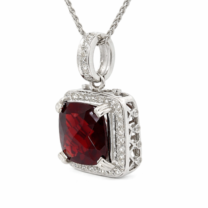 Cushion Cut Garnet Pendant with Diamond Halo 14K White Gold
