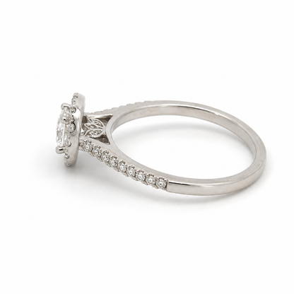 14K White Gold Lab-Grown Oval Diamond Halo Ring with Leaf Detail