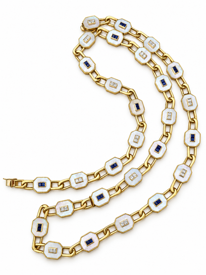 14K Yellow Gold Mother-of-Pearl, Diamond & Sapphire Convertible Necklace — Long Strand, Double Strand or Two Separate Necklaces