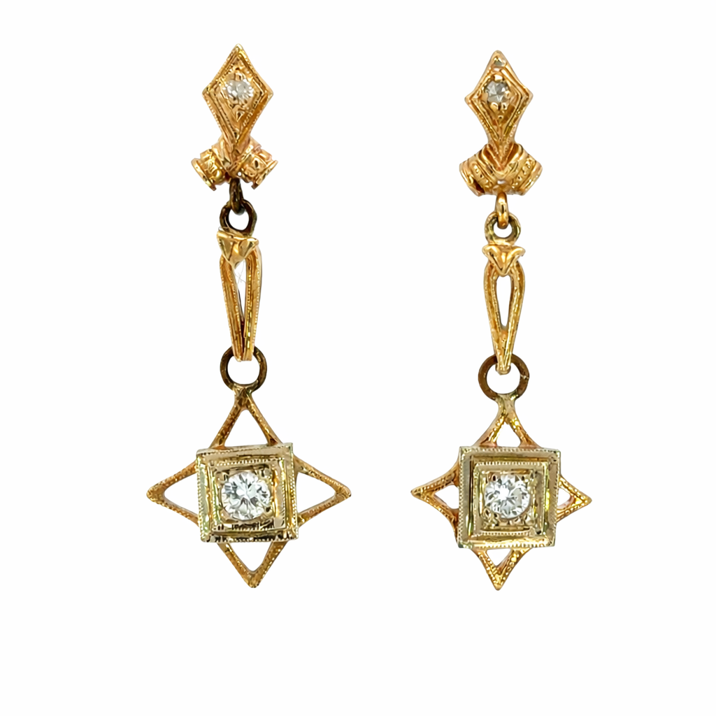 Antique 14K Yellow Gold Diamond Dangle Earrings – Early 20th Century Estate Jewelry
