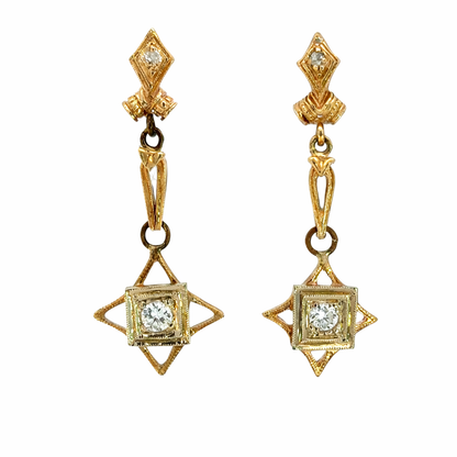 Antique 14K Yellow Gold Diamond Dangle Earrings – Early 20th Century Estate Jewelry