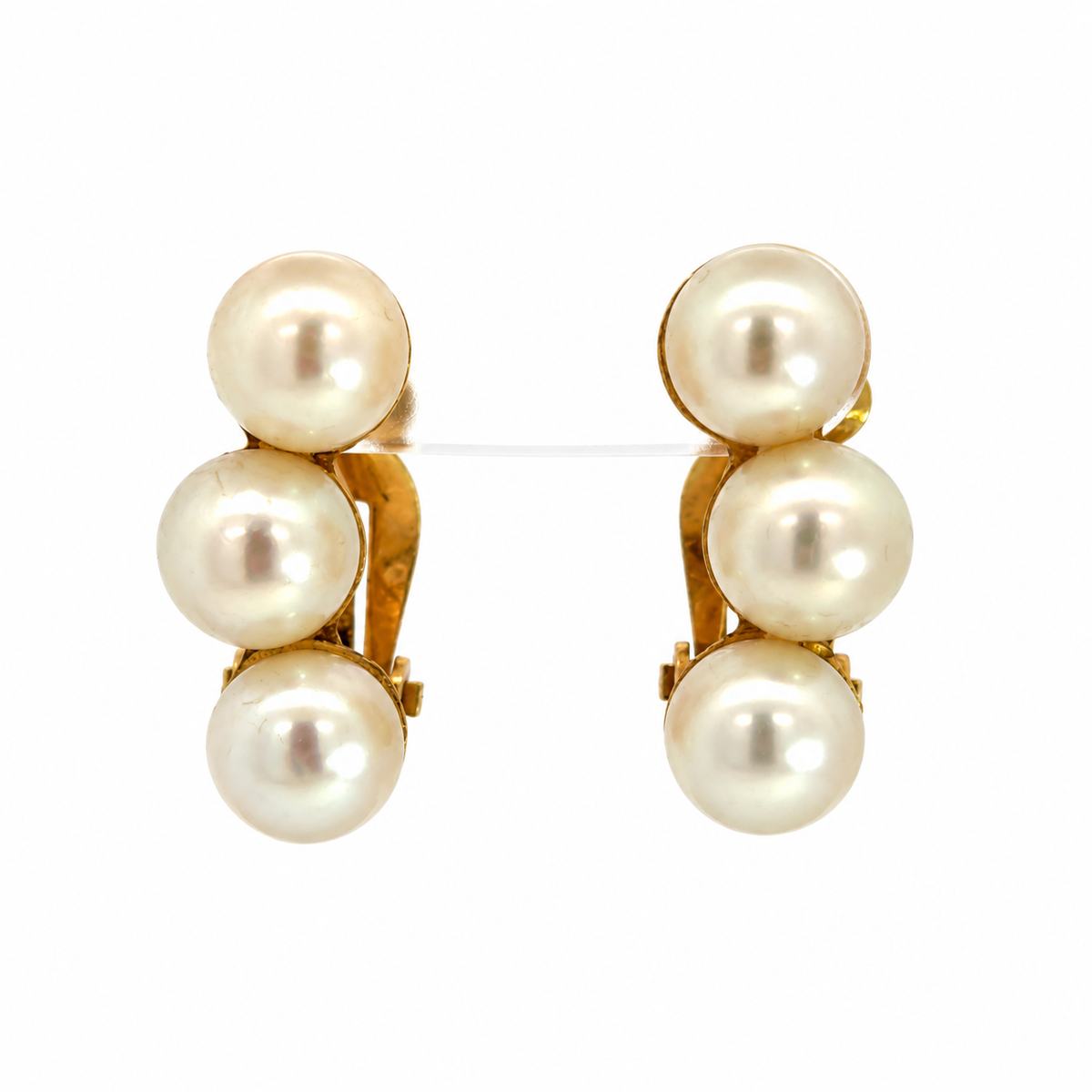 14K Yellow Gold Triple Pearl Curved Clip-On Earrings