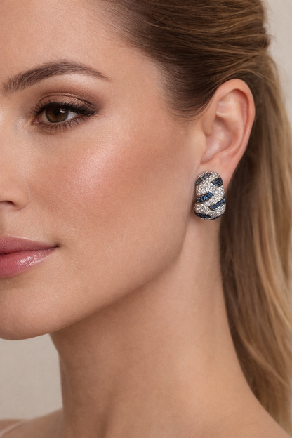 18K White Gold Diamond & Sapphire French-Clip Hoop Earrings