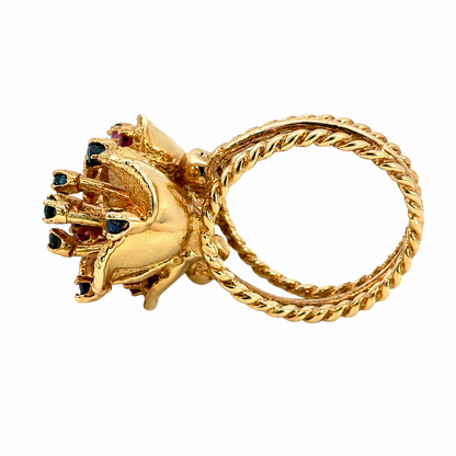 1960’s     Vintage 14K Gold Ruby & Sapphire Double Bloom Ring