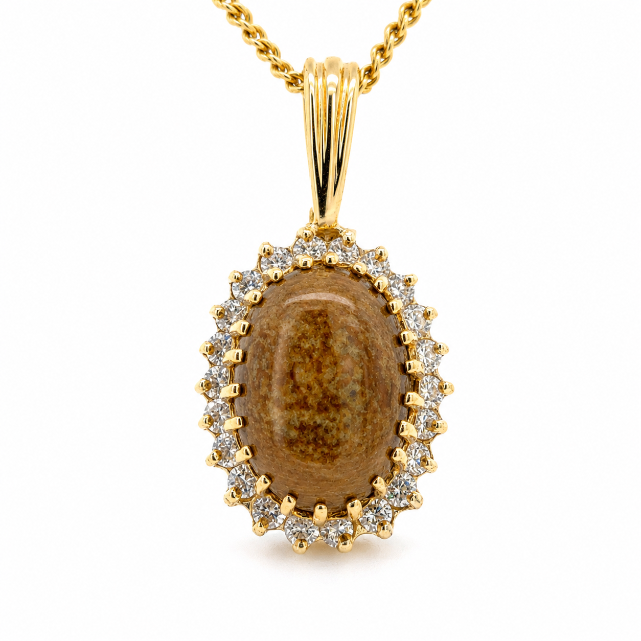 14K Gold Oval Coral Cabochon Diamond Halo Pendant