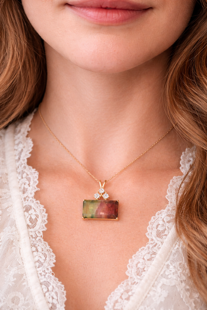 14K Gold Natural Bi-Color Tourmaline Pendant with Diamond Accent
