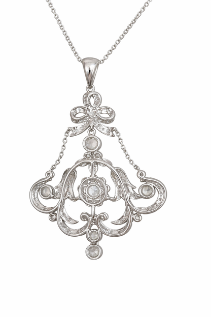 Platinum Rose Cut Diamond Drop Necklace, Ornate Filigree Design