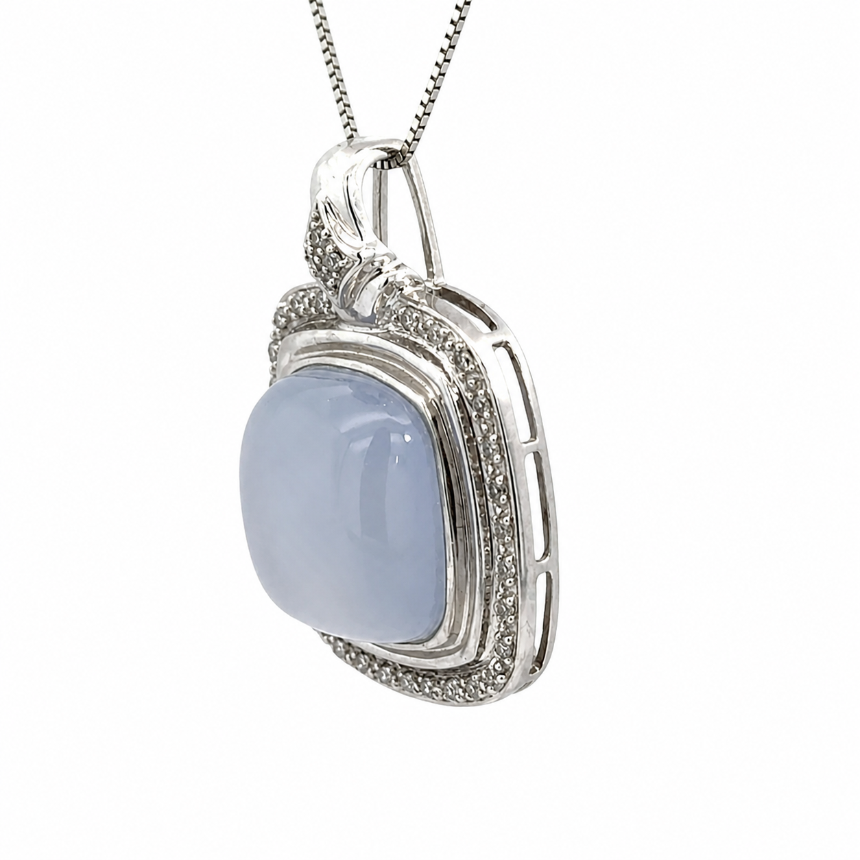 14K White Gold Cushion Blue Chalcedony Diamond Pendant