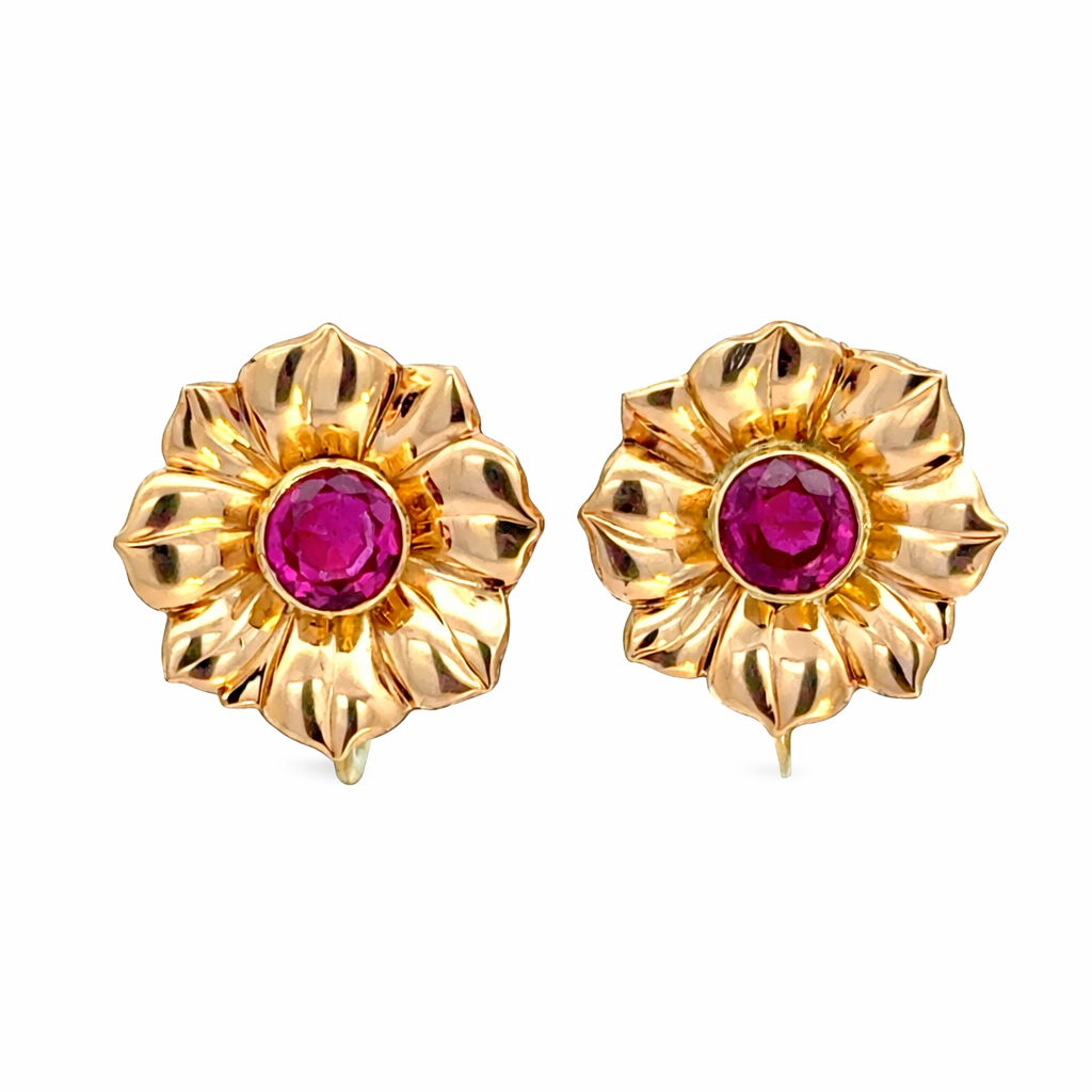 Vintage Retro 14K Yellow Gold Ruby Flower Earrings – Screw Back
