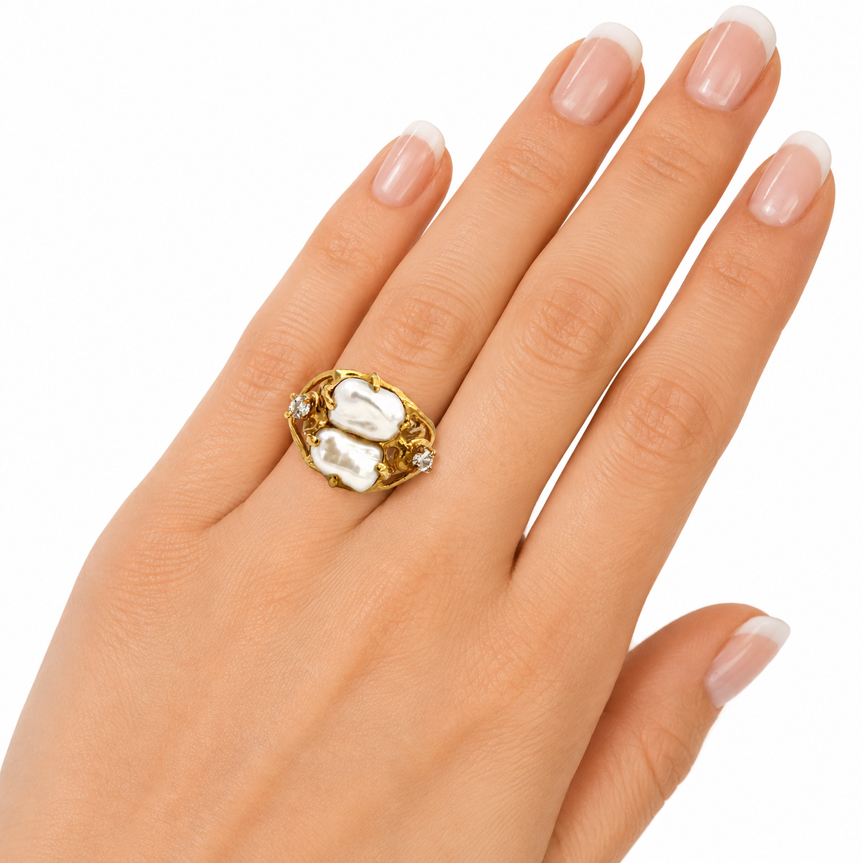 Vintage 1970s 14K Yellow Gold Natural Pearl & Diamond Artistic Statement Ring