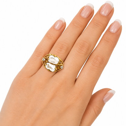 Vintage 1970s 14K Yellow Gold Natural Pearl & Diamond Artistic Statement Ring