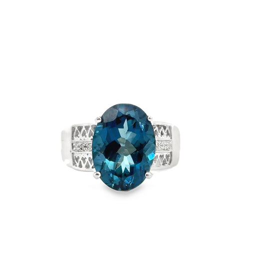 Large Oval Blue Topaz & Diamond Accent Ring in White Gold