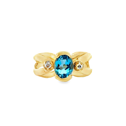 14K Yellow Gold Oval Blue Topaz & Diamond Cocktail Ring