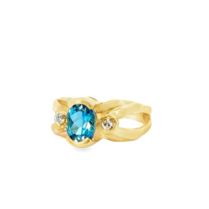 14K Yellow Gold Oval Blue Topaz & Diamond Cocktail Ring