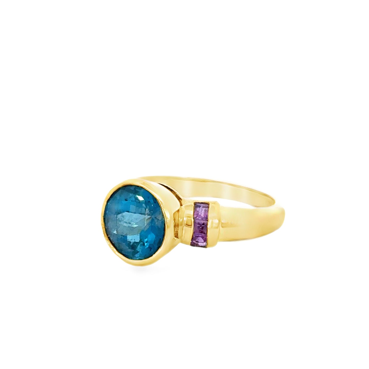 Unique Yellow Gold Blue Topaz & Amethyst Accent Ring