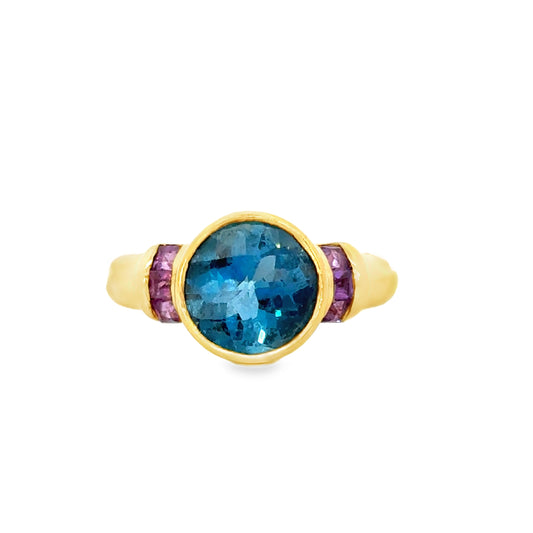 Unique Yellow Gold Blue Topaz & Amethyst Accent Ring