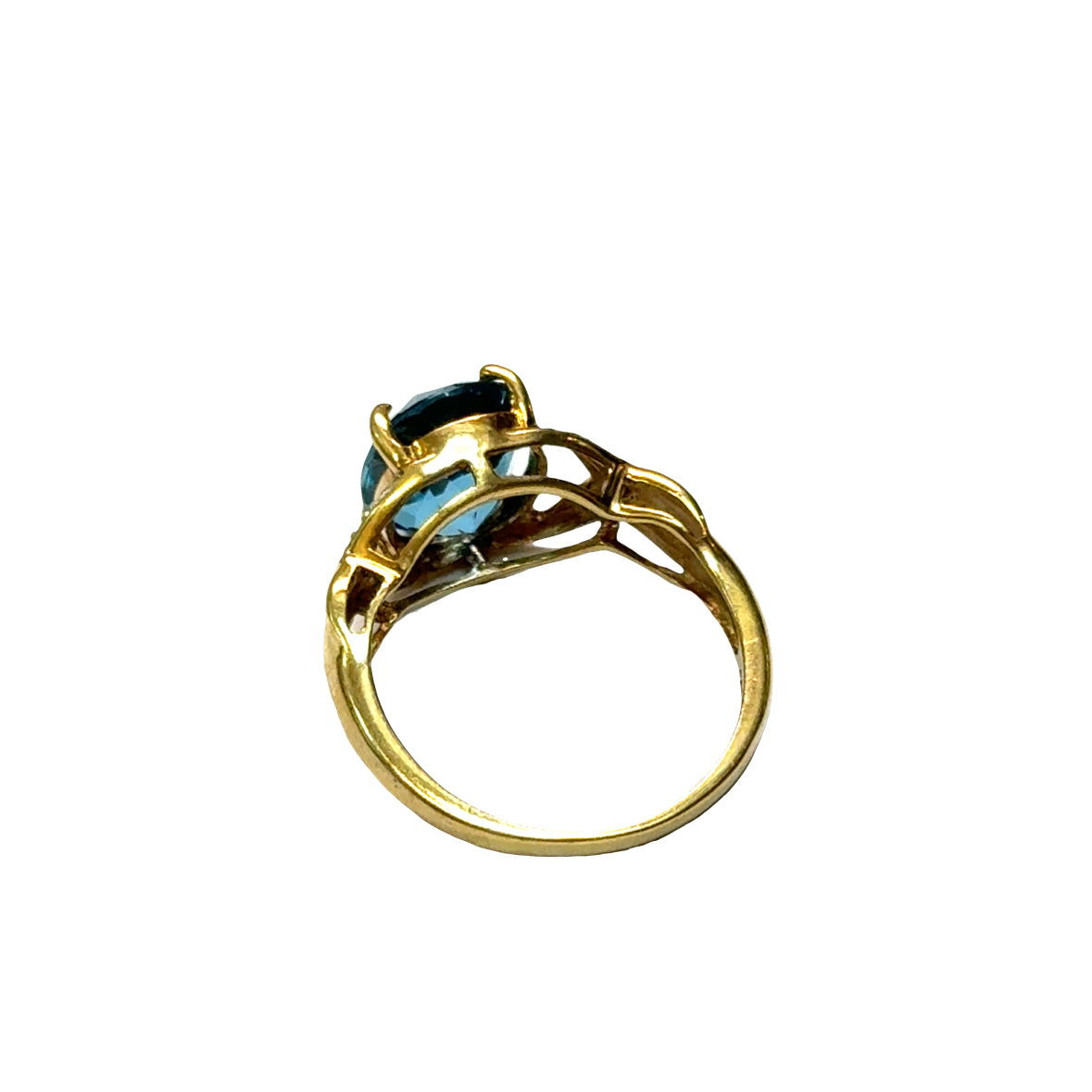 Yellow Gold Blue Oval Topaz & Diamond Ribbon Ring