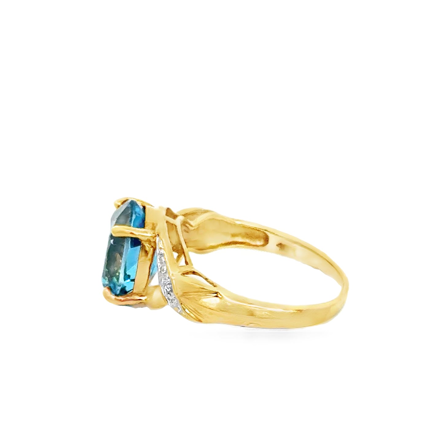 Yellow Gold Blue Oval Topaz & Diamond Ribbon Ring