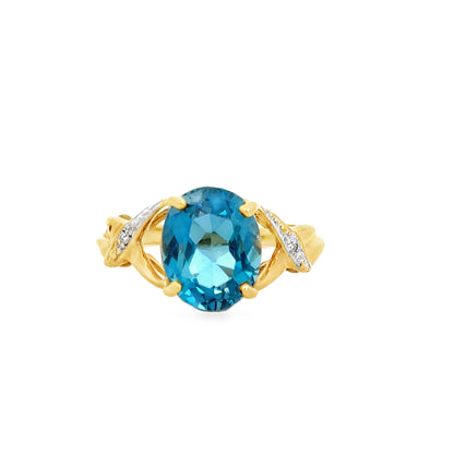 Yellow Gold Blue Oval Topaz & Diamond Ribbon Ring