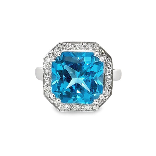 14K White Gold Blue Topaz & Diamond Ring