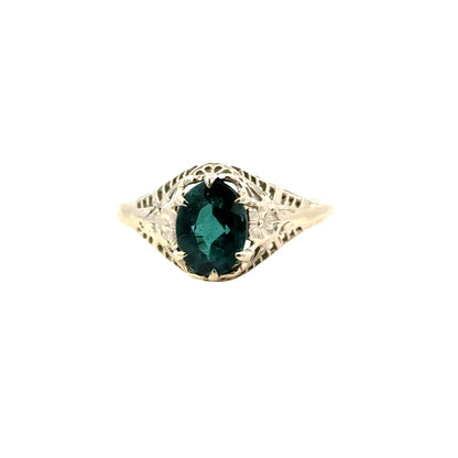 1920’s 14K White Gold Filigree Blue Topaz Ring – Art Deco Elegance