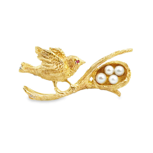 14K Yellow Gold Pearl & Ruby Bird & Nest Brooch