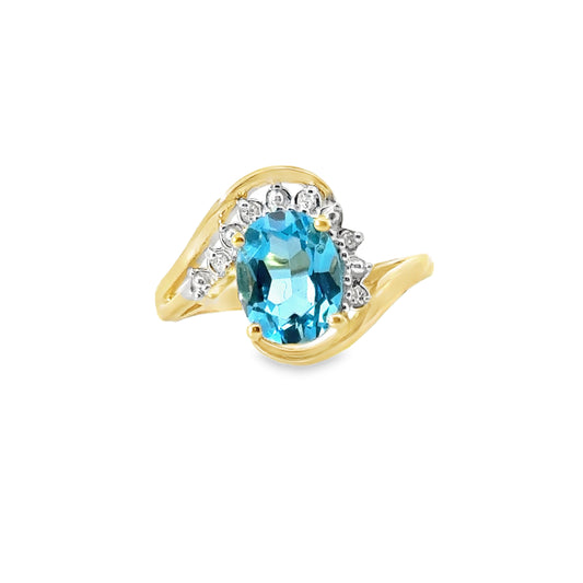 14K Yellow Gold Blue Topaz & Diamond Ring