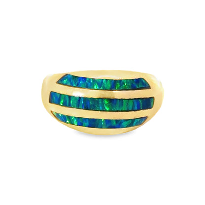 14K Yellow Gold Shimmering Blue-Green Enamel Dome Ring