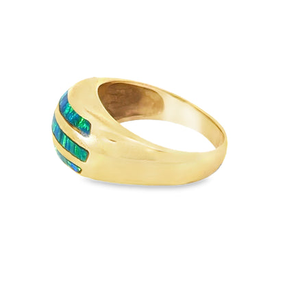 14K Yellow Gold Shimmering Blue-Green Enamel Dome Ring