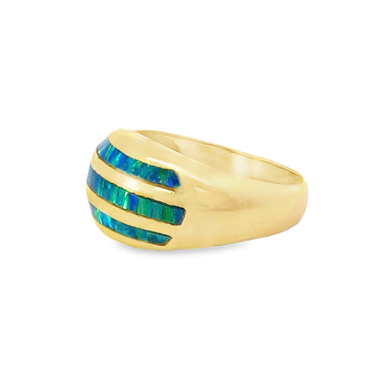 14K Yellow Gold Shimmering Blue-Green Enamel Dome Ring