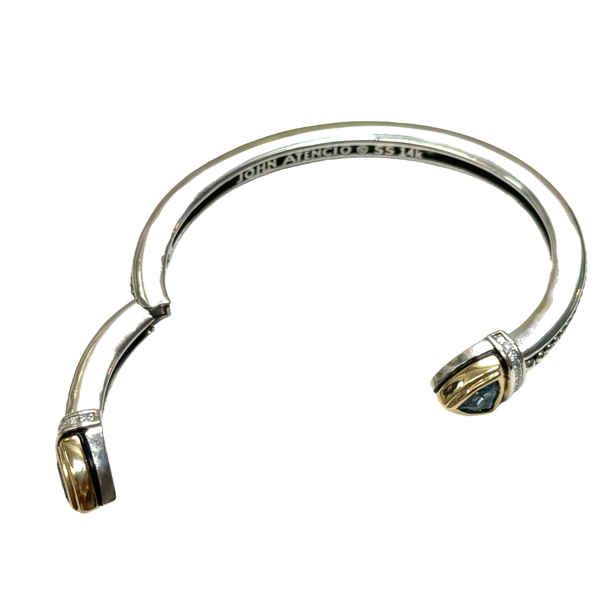 John Atencio Sterling Silver & 14K “Arrivo” Cuff, Trillion Blue Topaz, Diamond Accents