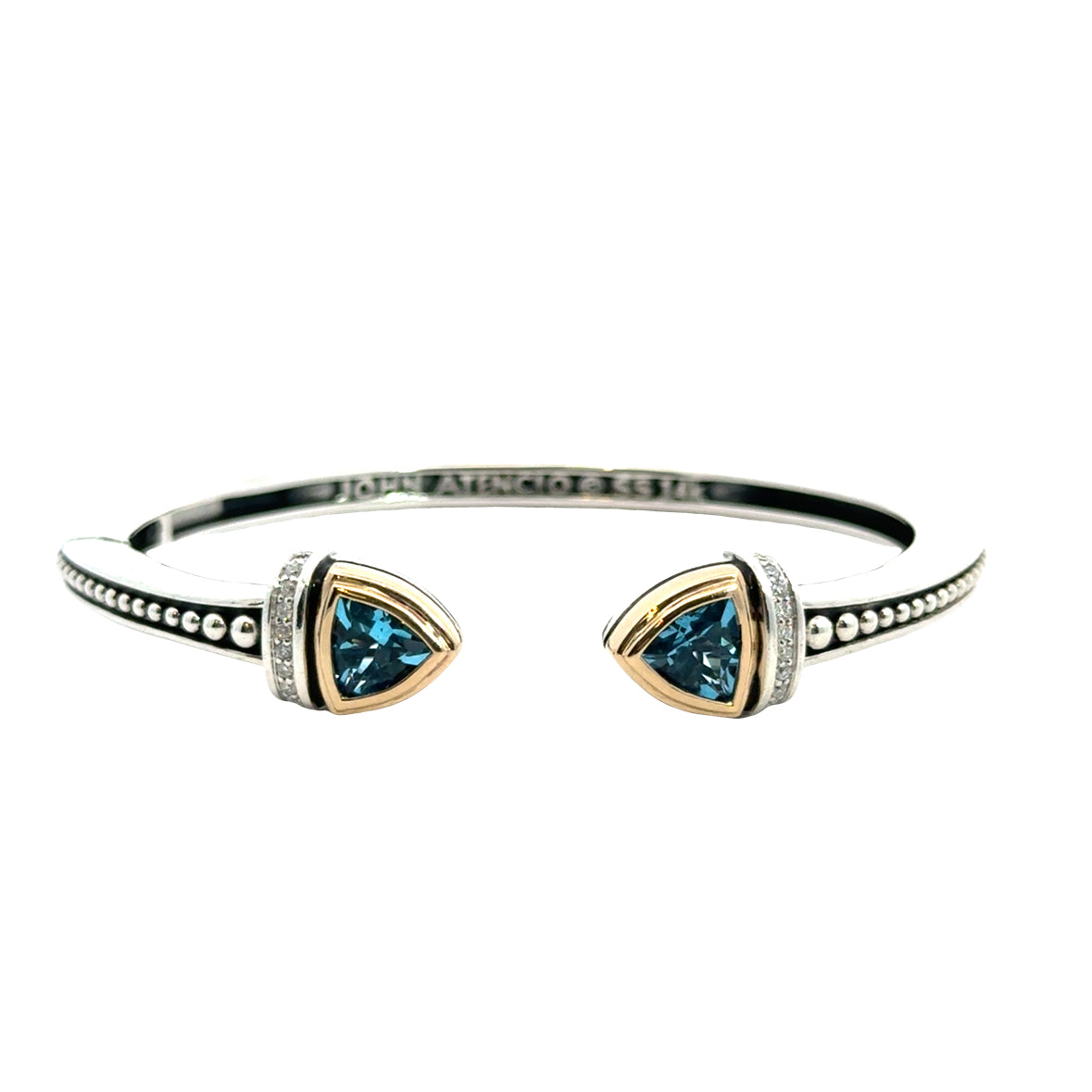 John Atencio Sterling Silver & 14K “Arrivo” Cuff, Trillion Blue Topaz, Diamond Accents