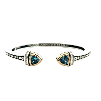 John Atencio Sterling Silver & 14K “Arrivo” Cuff, Trillion Blue Topaz, Diamond Accents