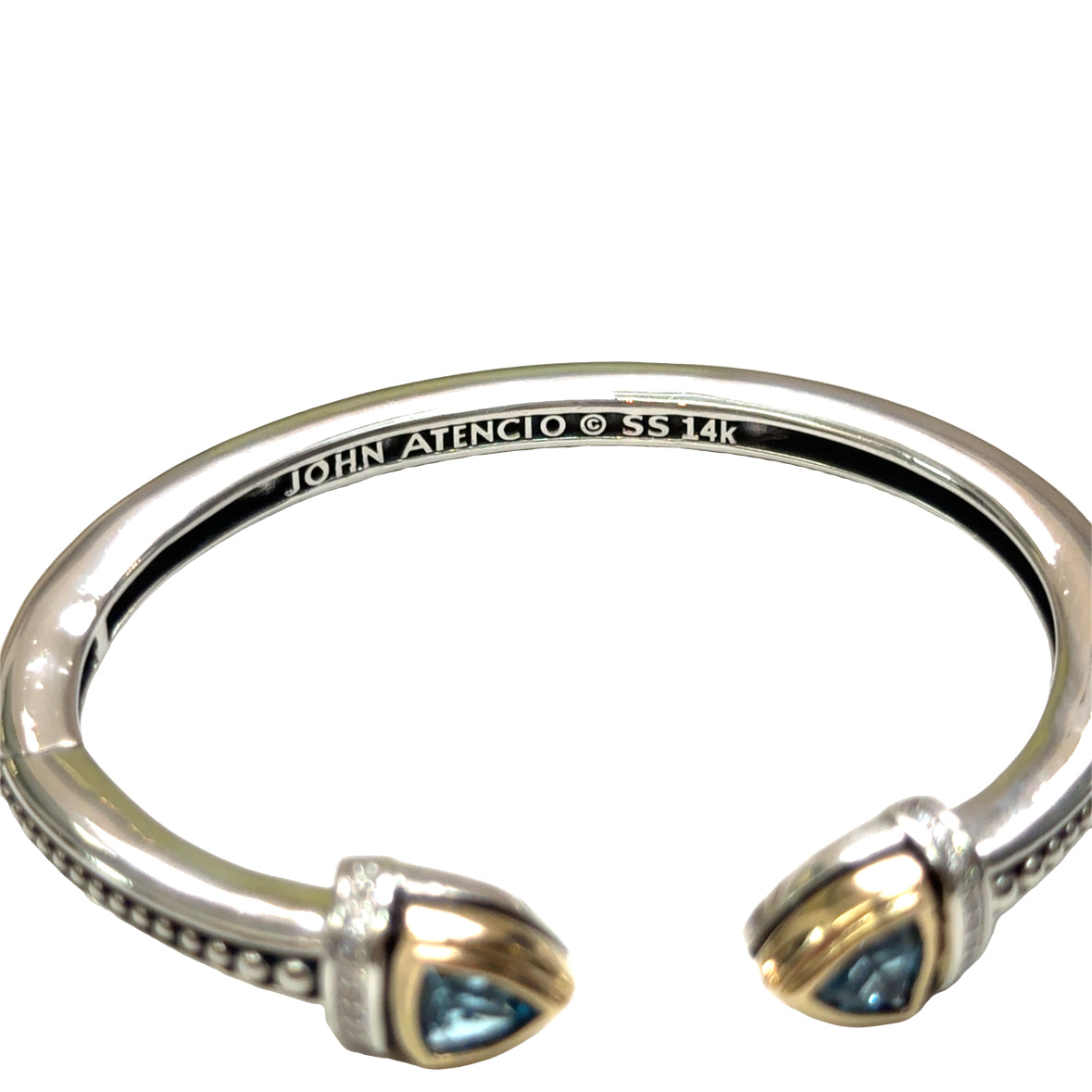John Atencio Sterling Silver & 14K “Arrivo” Cuff, Trillion Blue Topaz, Diamond Accents